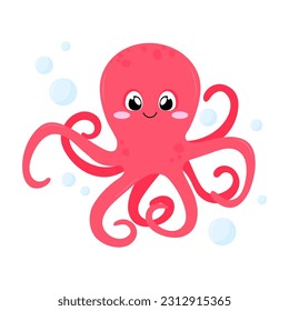 Octopus. Cute cartoon octopus in bubbles. Illustration of an octopus in a flat style on a white background.