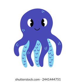 Octopus cute cartoon vector illustration. Sea life baby animal in hand drawn flat style. Isolated on white background