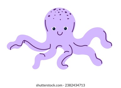 Octopus cute character. Isolated smiling underwater animal with soft body and long tentacles, cephalopod mollusk. Marine creature and water dweller. Personage with tentaculums. Vector in flat style