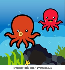 Octopus cute icon emoji isolated undersea illustration