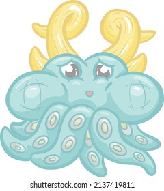 Octopus Cute  Kawaii Cartoon Creature With Horns and Tentacles