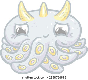 Octopus Cute  Kawaii Cartoon Creature With Horns and Tentacles