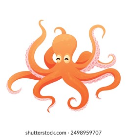 Octopus cute orange aquatic animal with tentacles and suckers isometric vector illustration. Funny marine creature swimming natural character dangerous monster protein seafood