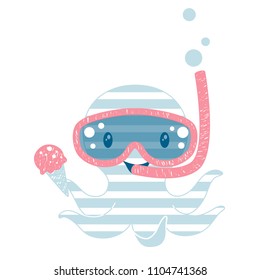 Octopus cute print. Sea fanny boy character with ice cream, snorkeling mask and snorkel. Fashion child vector. Cool illustration for t-shirt, kids apparel and summer design.