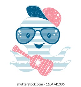 Octopus cute print. Sea fanny boy character with cap, sunglasses and guitar. Fashion child vector. Cool illustration for t-shirt, kids apparel and summer design.