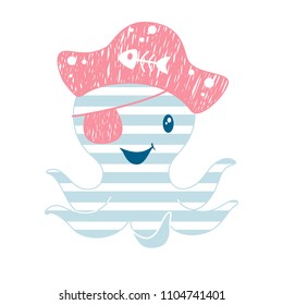 Octopus cute print. Sea fanny pirate boy character with cocked hat and eyecup. Fashion child vector. Cool illustration for t-shirt, kids apparel and summer design.