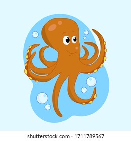 Octopus, Cute sea animal. Character for childrens book. Vector illustration EPS 10.
