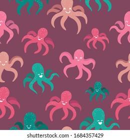 Octopus cute seamless pattern in kids style. Set with sea underwater smiling animals different colors - green, pink, beige on dark violet background. Childish palette. happy marine creatures swimming.