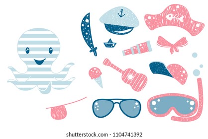 Octopus cute set. Sea fanny boy character with sword, pirate cocked hat, eyecup, ice cream, cap, sunglasses, snorkeling mask, guitar, paper boat and sailor spyglass. Cool illustration for t-shirt