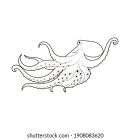 octopus, cuttlefish, black and white isolated image, sketch, coloring book, sticker, vector illustration, doodle, line art