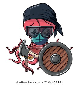 Pirata cíborg de pulpo con un pañuelo, gafas y una máscara, blandiendo un hacha y un escudo. Perfecto para diseños atrevidos y aventureros. Ilustración para cómics de fantasía, ciencia ficción y aventura