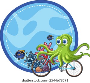 An octopus cycling with colorful fish nearby