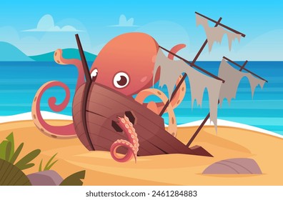 Octopus damaged wooden old ship on outdoor island with big fantasy kraken