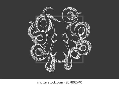 Octopus in deep. Template for logo, label and emblem with octopus silhouette. Original close up vector illustration of hand drawn octopus. Retro style sketch. 