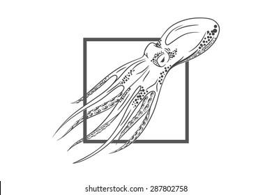 Octopus in deep. Template for logo, label and emblem with octopus silhouette. Original close up vector illustration of hand drawn octopus. Retro style sketch. 