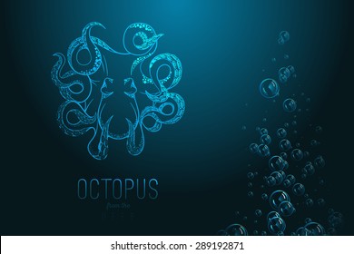 Octopus in deep. Template for logo, label and emblem with octopus silhouette. Original
close up vector illustration of hand drawn octopus. Retro style sketch.