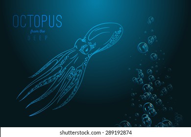Octopus in deep. Template for logo, label and emblem with octopus silhouette. Originalclose up vector illustration of hand drawn octopus. Retro style sketch.