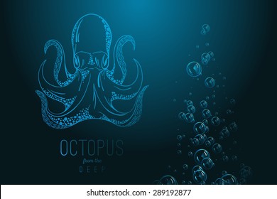 Octopus in deep. Template for logo, label and emblem with octopus silhouette. Original
close up vector illustration of hand drawn octopus. Retro style sketch.
