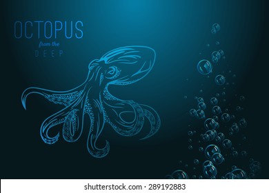 Octopus in deep. Template for logo, label and emblem with octopus silhouette. Original
close up vector illustration of hand drawn octopus. Retro style sketch.