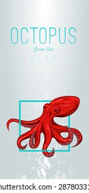 Octopus in deep. Vector color illustration on gradient background with decorative element. close up. Octopus, lettering, bubble, lights. Template, poster, flyer, invitation to party, print, tattoo.