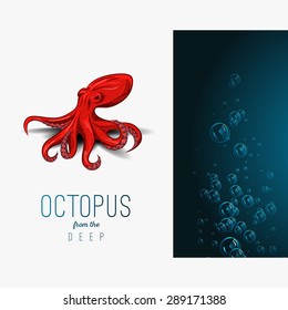 Octopus in deep. Vector color illustration on gradient background with decorative element. close up. Octopus, lettering, bubble, lights. Template, poster, flyer, invitation to party, print, tattoo.