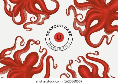 Octopus design template. Hand drawn vector seafood illustration. Engraved style squid banner. Vintage zoology background
