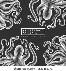 Octopus design template. Hand drawn vector seafood illustration on chalk board. Engraved style squid banner. Vintage zoology background