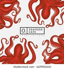Octopus design template. Hand drawn vector seafood illustration. Engraved style squid banner. Vintage zoology background