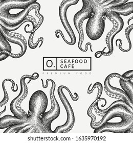 Octopus design template. Hand drawn vector seafood illustration. Engraved style squid banner. Retro zoology background