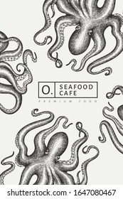 Octopus design template. Hand drawn vector seafood illustration. Engraved style squid banner. Vintage zoology background