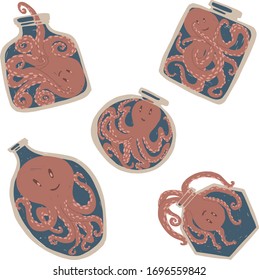 Octopus in a different shape bottle vector illustration.  Cute hand draw childish illustration isolated on white background for kids on blue background. 
