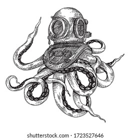 Octopus diver vintage illustration hand drawing style