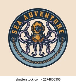 Octopus in diving helmet sea adventure badge