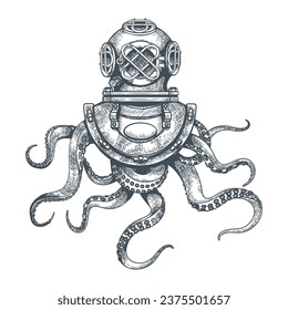 Octopus in diving helmet vintage sketch. Retro engraving diver scuba deep water helmet tentacles cephalopods isolated vector illustration