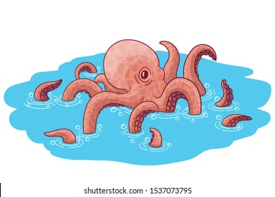Octopus doing bubbles and ripples in water. Cartoon style character. Isolated on white background. Vector illustration.