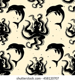 Octopus and dolphin seamless pattern. Handmade inky ornament. Vector surface design.