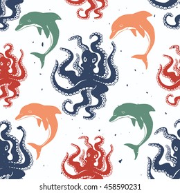 Octopus and dolphin seamless pattern. Handmade inky ornament, red,green  and blue colors. Vector surface design.