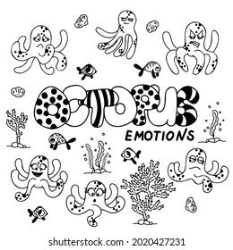 Octopus doodle hand drawn set. Line art. Isolated on white background.