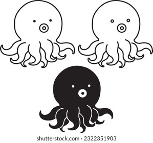Octopus drawing cute cartoon line art and fill silhouette, Vector illustration on white background. Sticker for the fridge, on a car, on a wall.