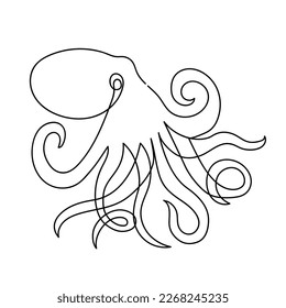 Octopus drawn in one line on white. Underwater animal. Design for logo, tattoo.