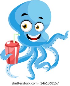 Octopus with drink, illustration, vector on white background.
