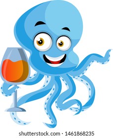 Octopus with drink, illustration, vector on white background.