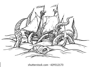 Octopus drowning ship - hand drawn vector illustration, isolated on white