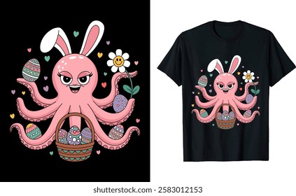 Octopus with Easter Bunny Ears Eggs Bucket TShirt Design