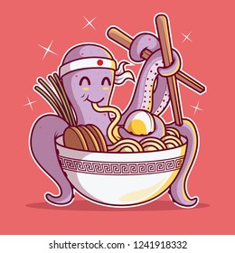 Octopus eating Ramen inside a bowl vector illustration. Food, restaurant, asian, comics, funny design concept