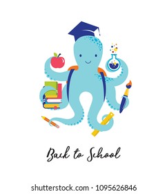 Octopus with a lot of educational icons, elements. Back to school concept. Vector illustration and design