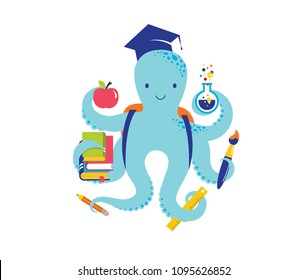 Octopus with a lot of educational icons, elements. Back to school concept. Vector illustration and design