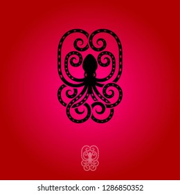 Octopus  emblem. Octopus logo inscribed in an oval, isolated on red background. Premium emblem.