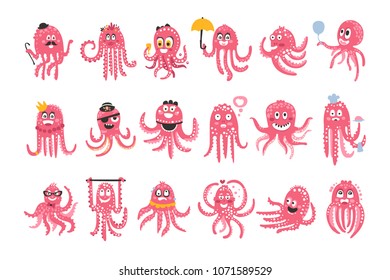Octopus Emoticon Icons With Funny Cute Cartoon Marine Animal Characters In Different Disguises At The Party