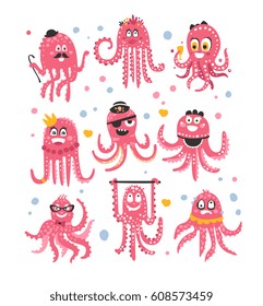 Octopus Emoticon Icons With Funny Cute Cartoon Marine Animal Characters In Different Disguises At The Party